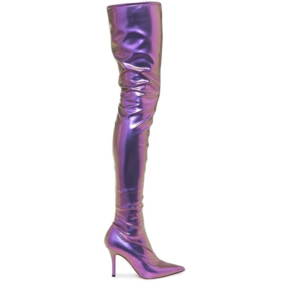 AMINA MUADDI Ami 95mm Thigh High Boot Womens 8.5 Purple Metallic Over The Knee